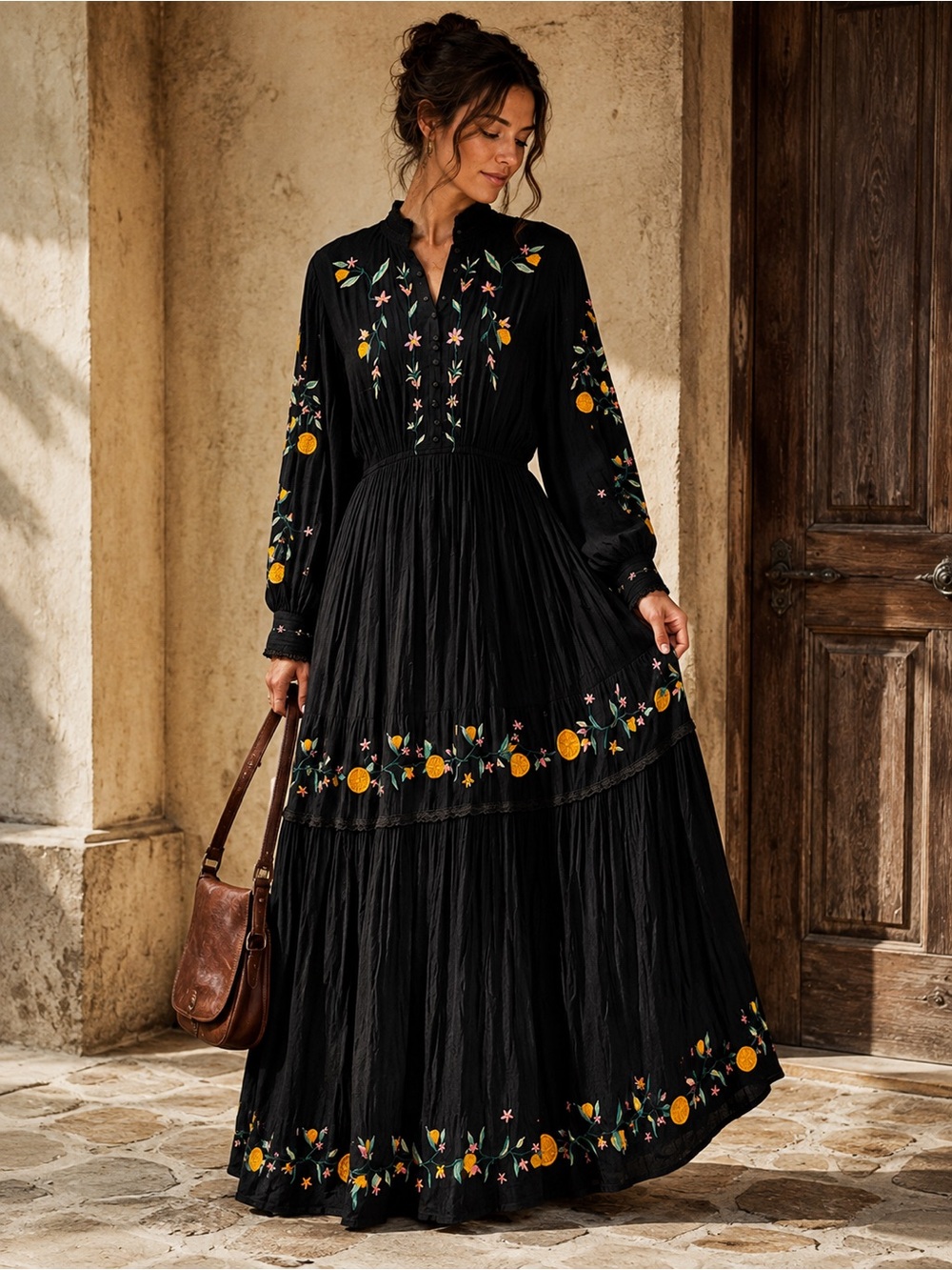 Black Maxi Dress Floor Length with Citrus & Floral Embroidery Boho Long Sleeve